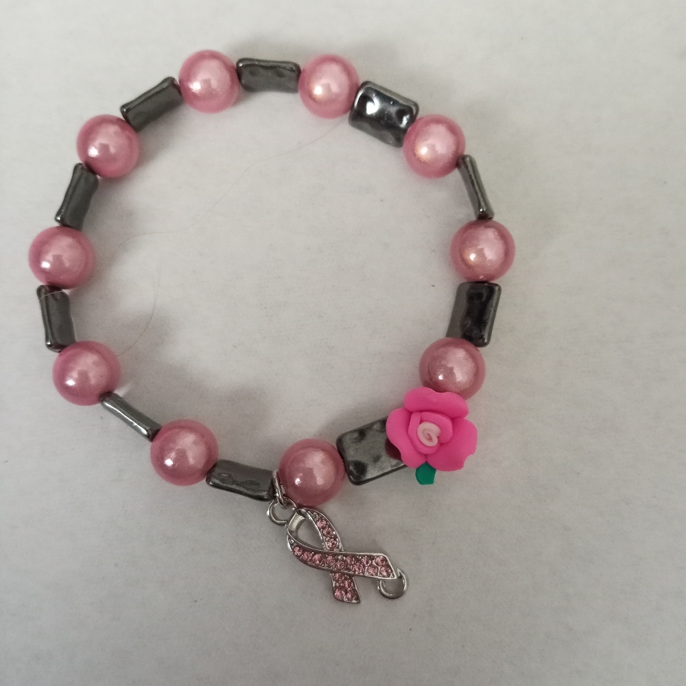 hand crafted BREAST CANCER awareness pink ribbon rose beaded crystal bracelet